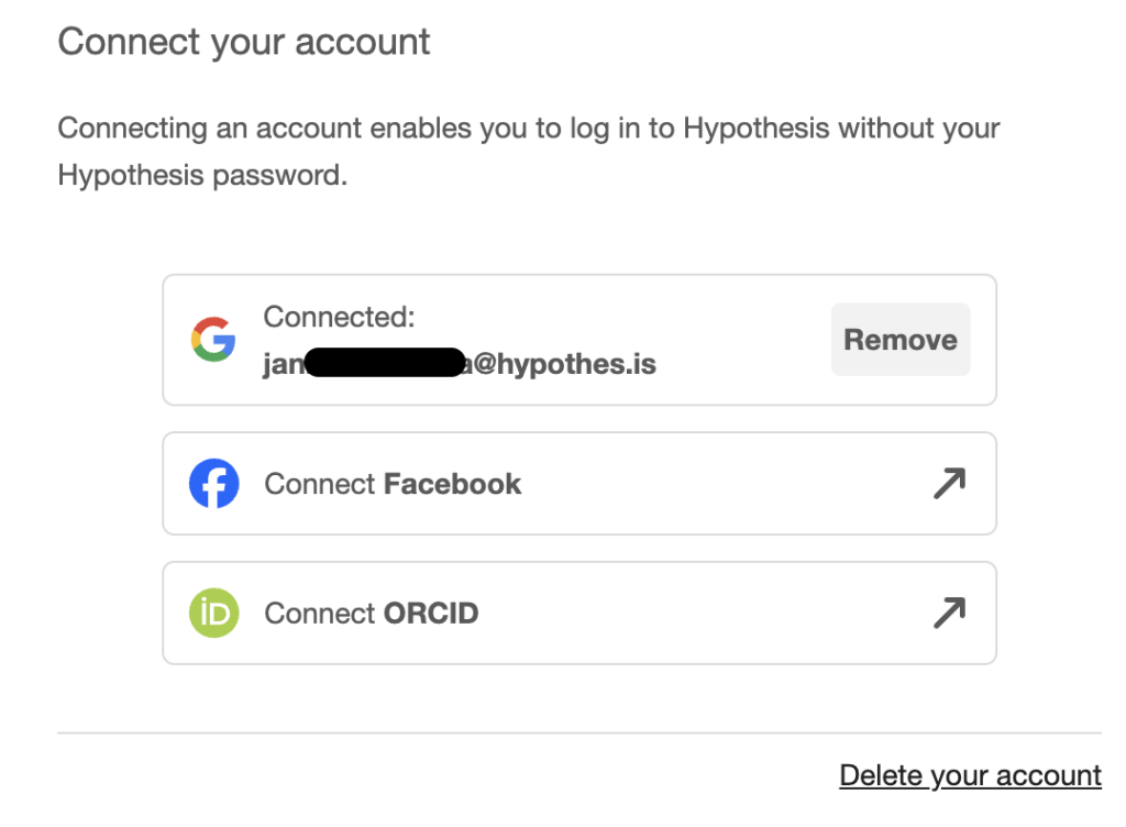 Account details showing a connected social account option